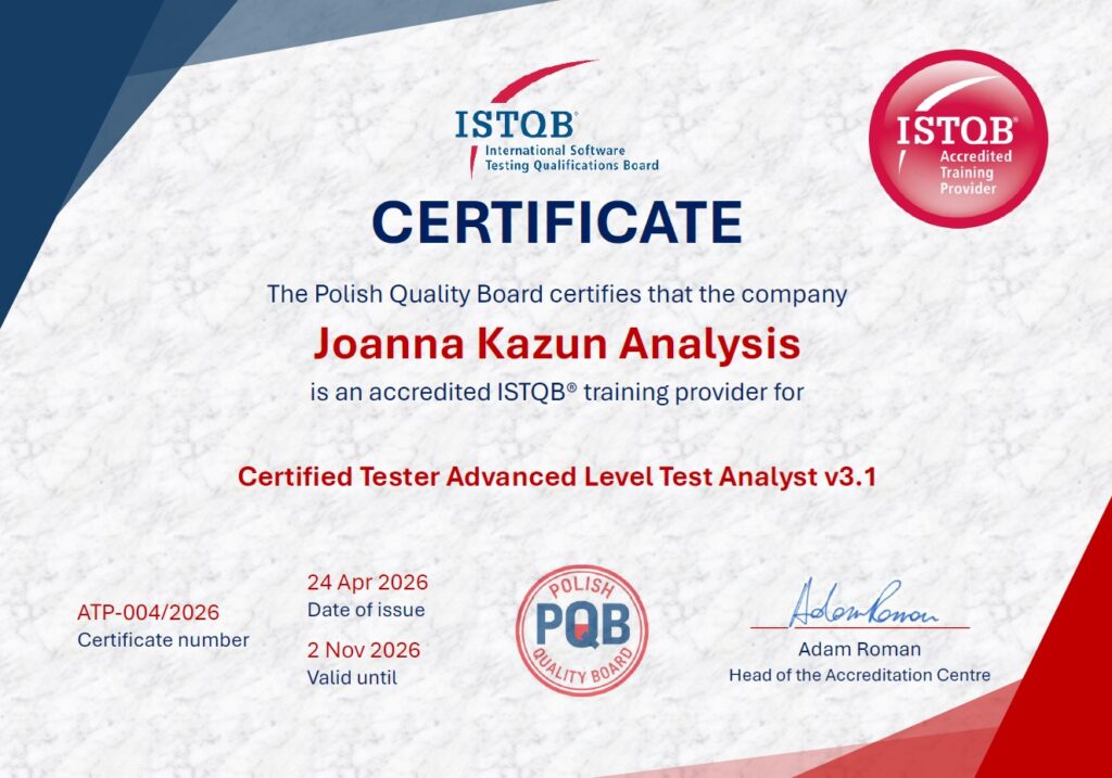 Accredited ISTQB® training provider for Certified Tester Advanced Level Test Analyst v3.1 This certificate remains valid for the duration of the above syllabus version.